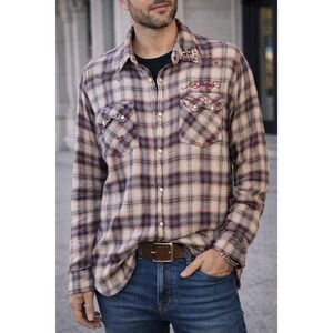 Ed Hardy Vintage Mens Plaid Long Sleeve Shirt Tiger Tattoo Button Up XL